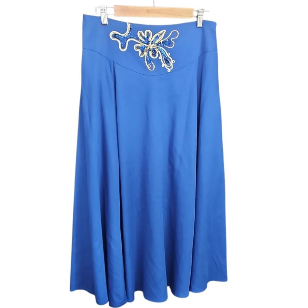 Vintage Royal Blue Beaded Midi Skirt Sz 14 Embellished Waist Evening USA
